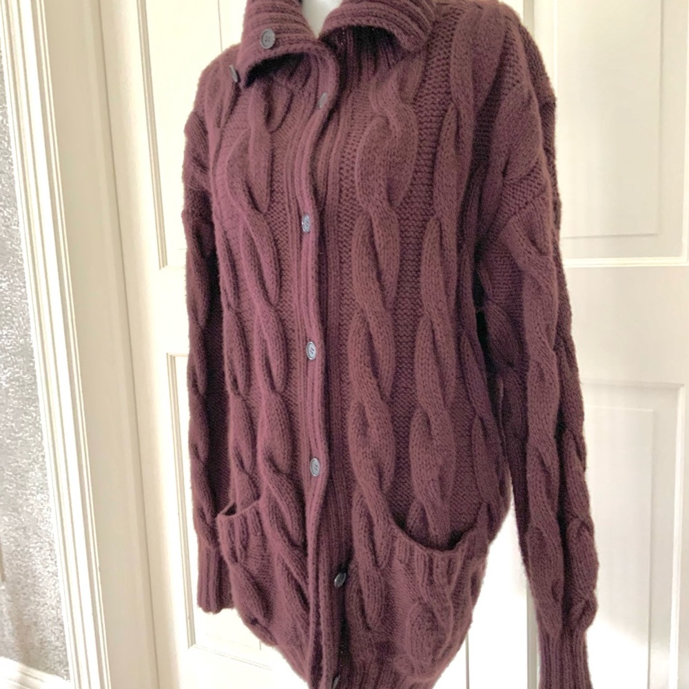 Calvin Klein hand knit heavy lambswool angora plum cardigan M